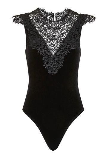Topshop Petite Crochet Top Velvet Body
