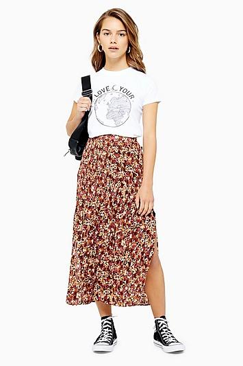 Topshop Petite Floral Pleat Side Button Midi Skirt