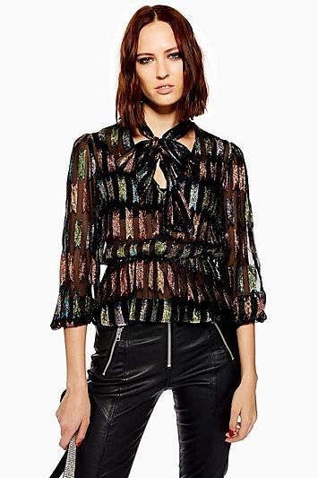 Topshop Rainbow Lame Pussybow Blouse