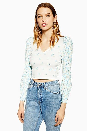 Topshop Petite Long Sleeve Trim Print Top