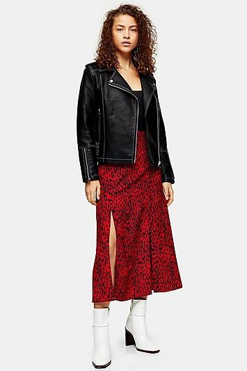 Topshop Petite Red Spot Double Split Midi Skirt