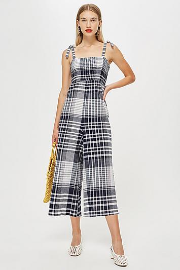 Topshop Shirred Check Jumpsuit