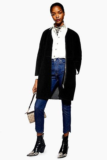 Topshop Black Zip Borg Coat