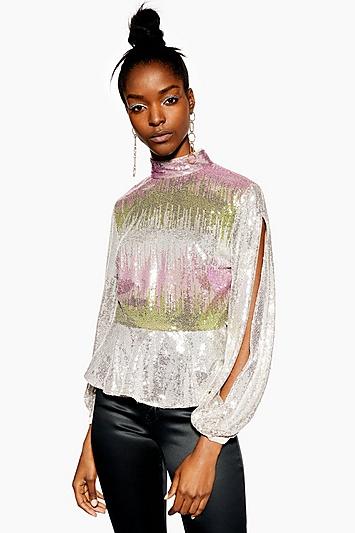 Topshop Ombre Sequin Split Sleeve Top