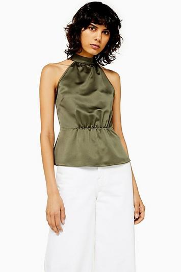 Topshop Khaki Satin Bow Back Halter Neck Top