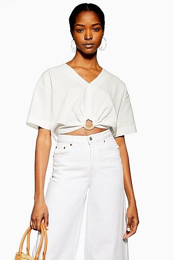 Topshop Ivory Laundered Buckle Detail Crop Blouse