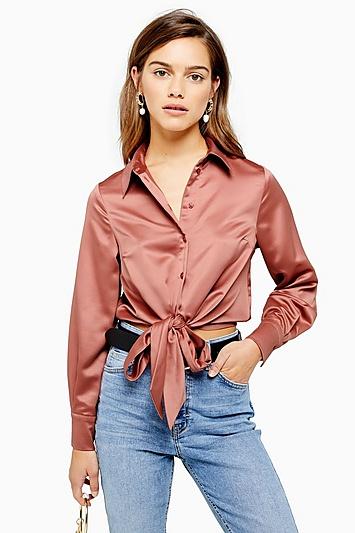 Topshop Petite Satin Tie Front Shirt