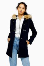 Topshop Navy Faux Fur Hooded Coat