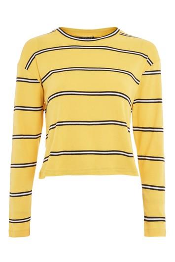 Topshop Yellow Striped Long Sleeve Crew Neck Top