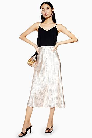 Topshop Nude Spot Button Satin Bias Skirt