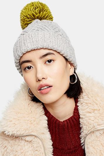 Topshop Olive Chevron Knit Pom Beanie