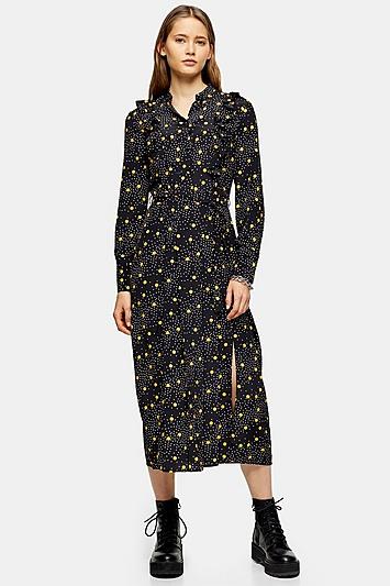 Topshop Tall Black And Mustard Spot Print Ruffle Shirt Dress