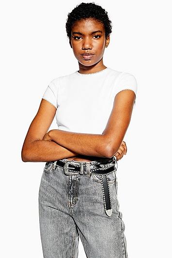 Topshop Petite White Picot Trim T-shirt