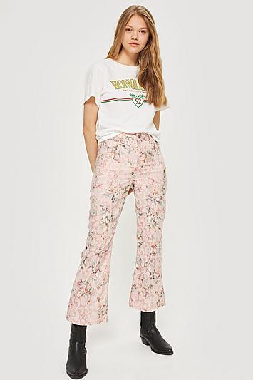 Topshop Pink Jaquard Crop Kick Flare Jeans