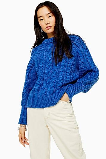 Topshop Blue Knitted Cable Raglan Jumper