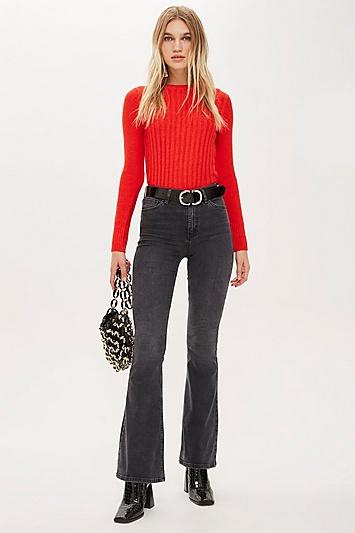 Topshop Petite Washed Black Jamie Flared Jeans
