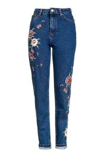 Topshop Moto Dark Blue Embroidered Mom Jeans