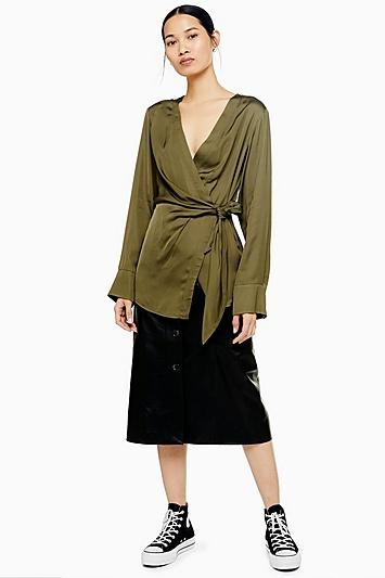Topshop *khaki Tie Blouse By Boutique