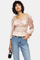 Topshop Nude Satin Ruched Prairie Blouse