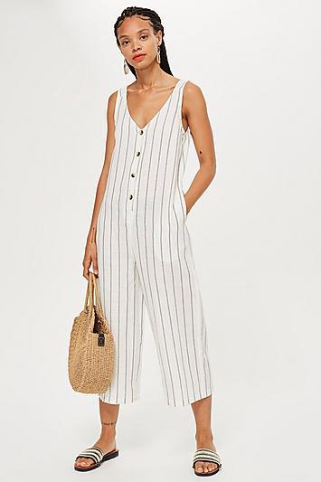 Topshop Striped Button Through Jumpsuit