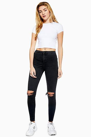 Topshop Petite Washed Black Ripped Joni Jeans
