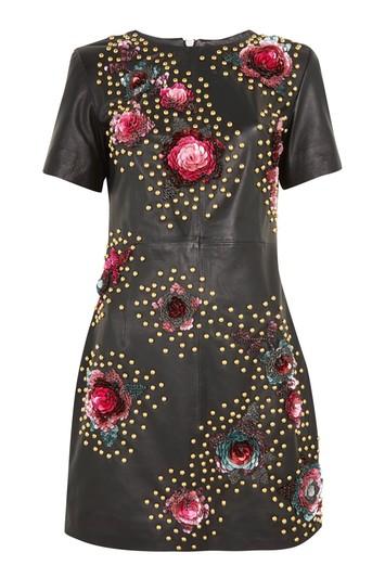 Topshop Studded Floral Leather Skater Dress