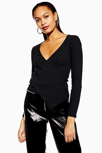 Topshop Asymmetric Wrap Ribbed Top