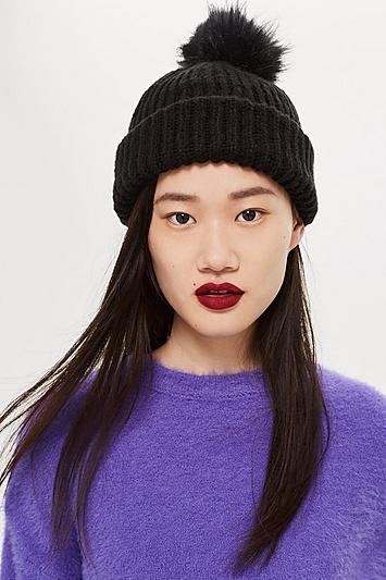 Topshop Knitted Faux Fur Pom Pom Hat