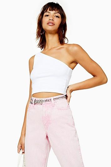 Topshop White One Shoulder Ribbed Crop Top