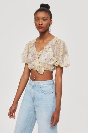 Topshop Embroidered Mesh Crop Ruffle Top