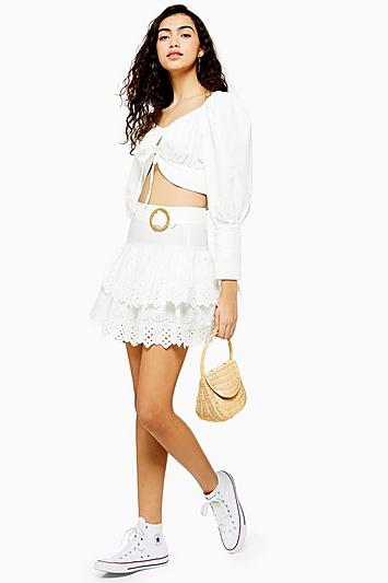 Topshop White Broderie Tiered Mini Skirt