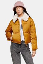 Topshop Mustard Padded Puffer Jacket With Faux Fur Collar