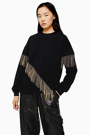 Topshop Black Fringe Chain Sweatshirt
