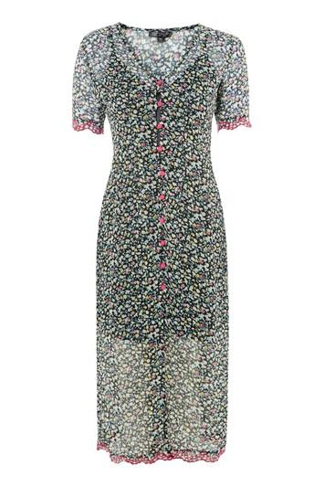 Topshop Chiffon Embroided Button Midi Dress