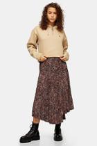 Topshop Brown Animal Pleat Midi Skirt
