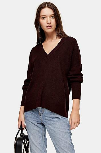 Topshop Knitted Berry V Neck Jumper With Wool