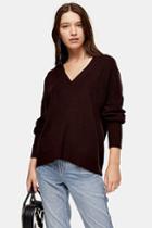 Topshop Knitted Berry V Neck Jumper With Wool
