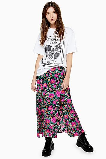 Topshop Pink Floral Bloom Print Split Midi Skirt