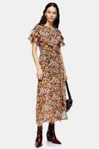 Topshop Ruffle Pansy Floral Print Midi Dress