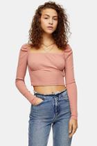 Topshop Pink Long Sleeve Gathered Neck Top