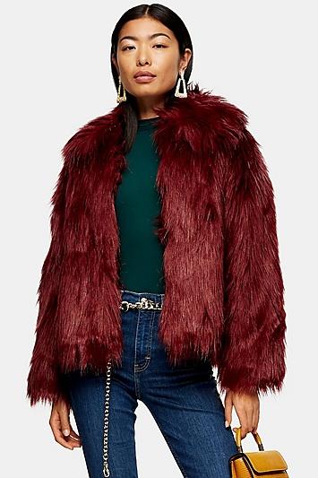 Topshop Oxblood Luxe Faux Fur Coat