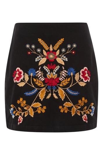 Topshop Moto Denim Embroidered A-line Skirt