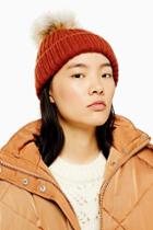 Topshop Brown Faux Fur Pom Beanie