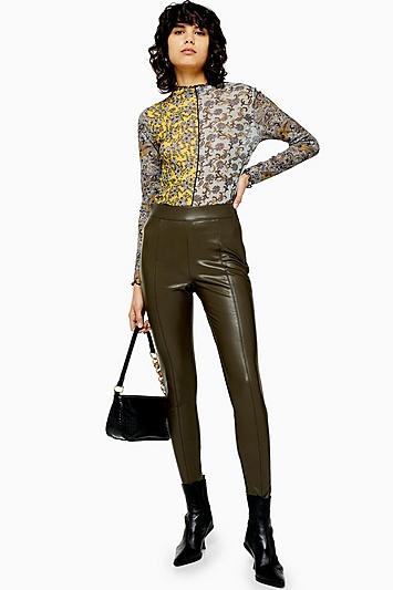 Topshop Khaki Faux Leather Skinny Trousers