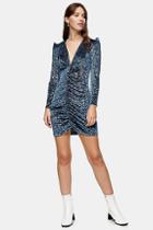 Topshop Blue Jacquard Ruched Velvet Mini Dress