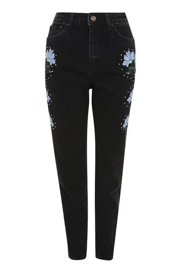 Topshop Moto Black Floral Print Embroidered Mom Jeans