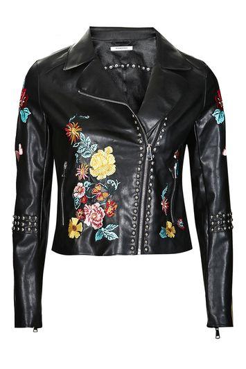 Topshop *floral Embroidered Leather Jacket By Glamorous