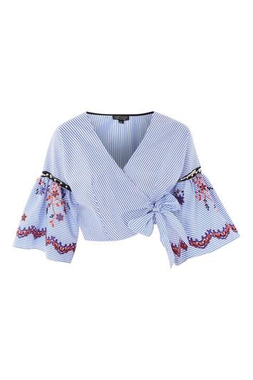 Topshop Stripe Embroidered Wrap Top