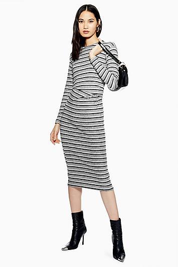 Topshop Stripe Ruched Midi Dress