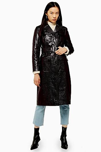Topshop Burgundy Faux Crocodile Vinyl Coat